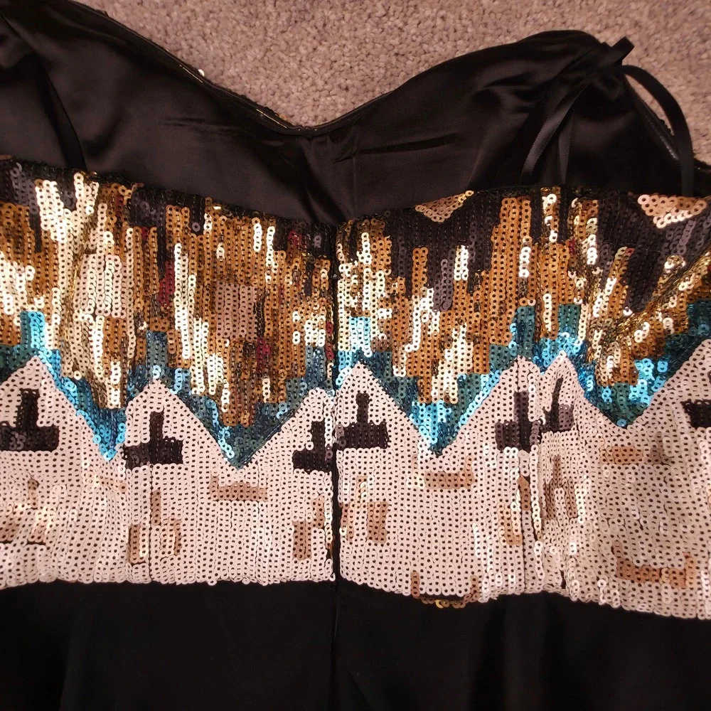 GB Sequin Bodice Strapless Dress Womens Large Black Gold Geometric Mini Cocktail